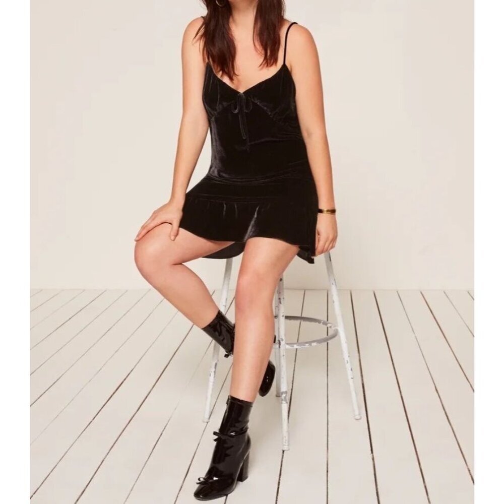 Reformation The Polly Black Rayon Silk Velvet Ruffle Hem Mini Slip Dress Small